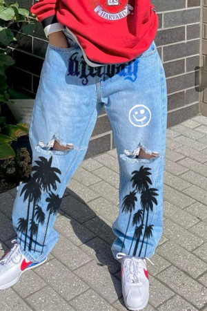 Baby Blue Fashion Casual High Waist Regular Distressed Ripped Denim Jeans