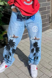Babyblå Mode Casual Ripped High Waist Regular Denim Jeans