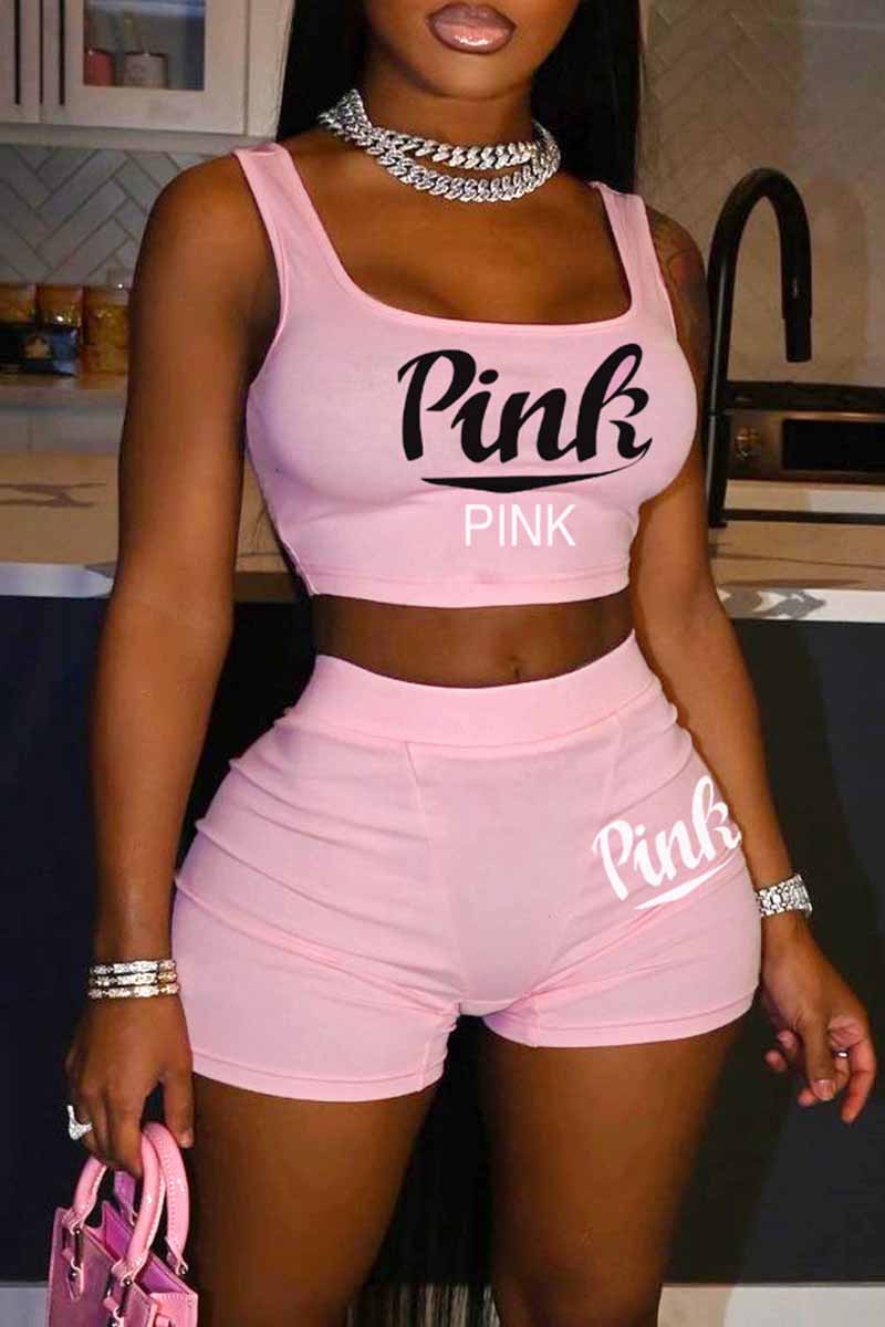 

Pink Sexy Casual Letter Print Basic U Neck Sleeveless Two Pieces