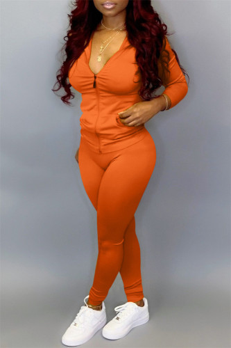 Orange Fashion Casual Solid Basic Hooded Collar Long Sleeve Two Pieces
