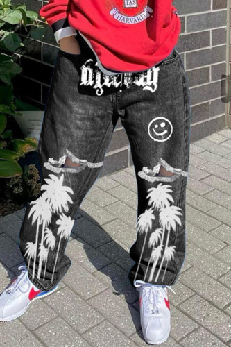 Schwarze, modische, lässige, zerrissene, normale Denim-Jeans mit hoher Taille