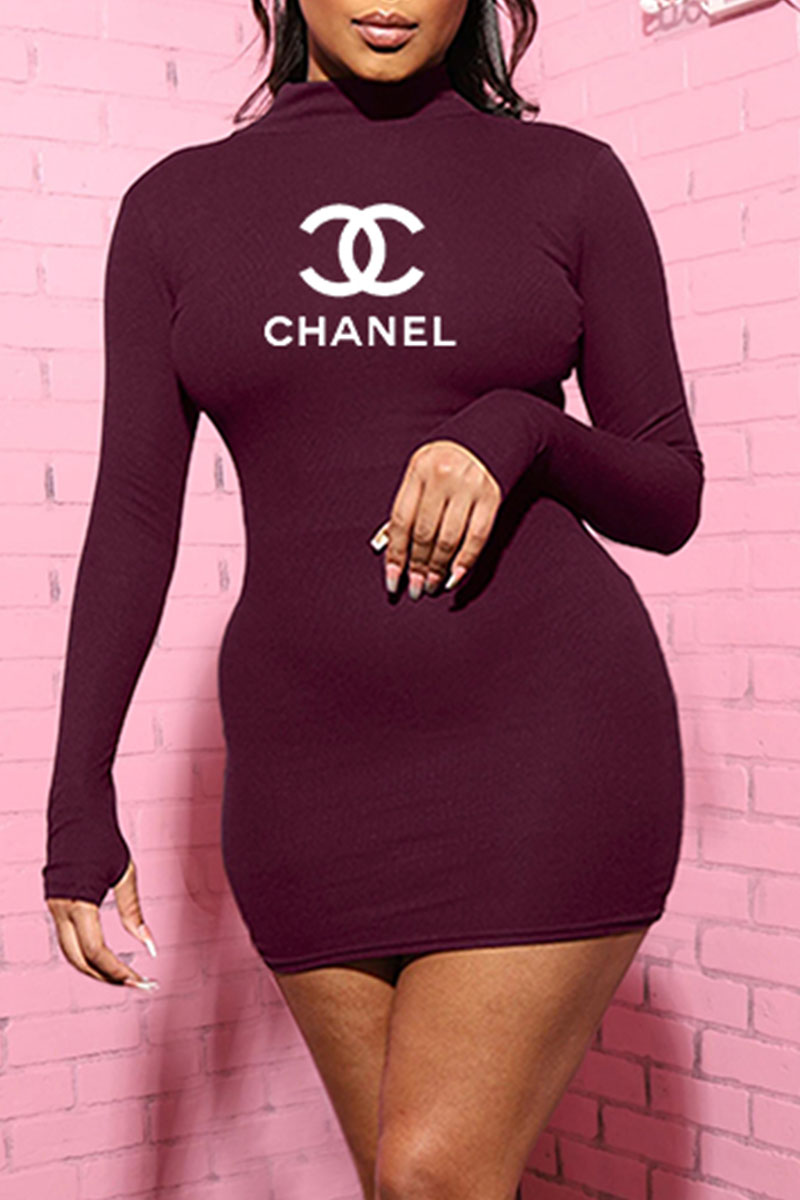 

Burgundy Fashion Sexy Print Letter O Neck Dresses