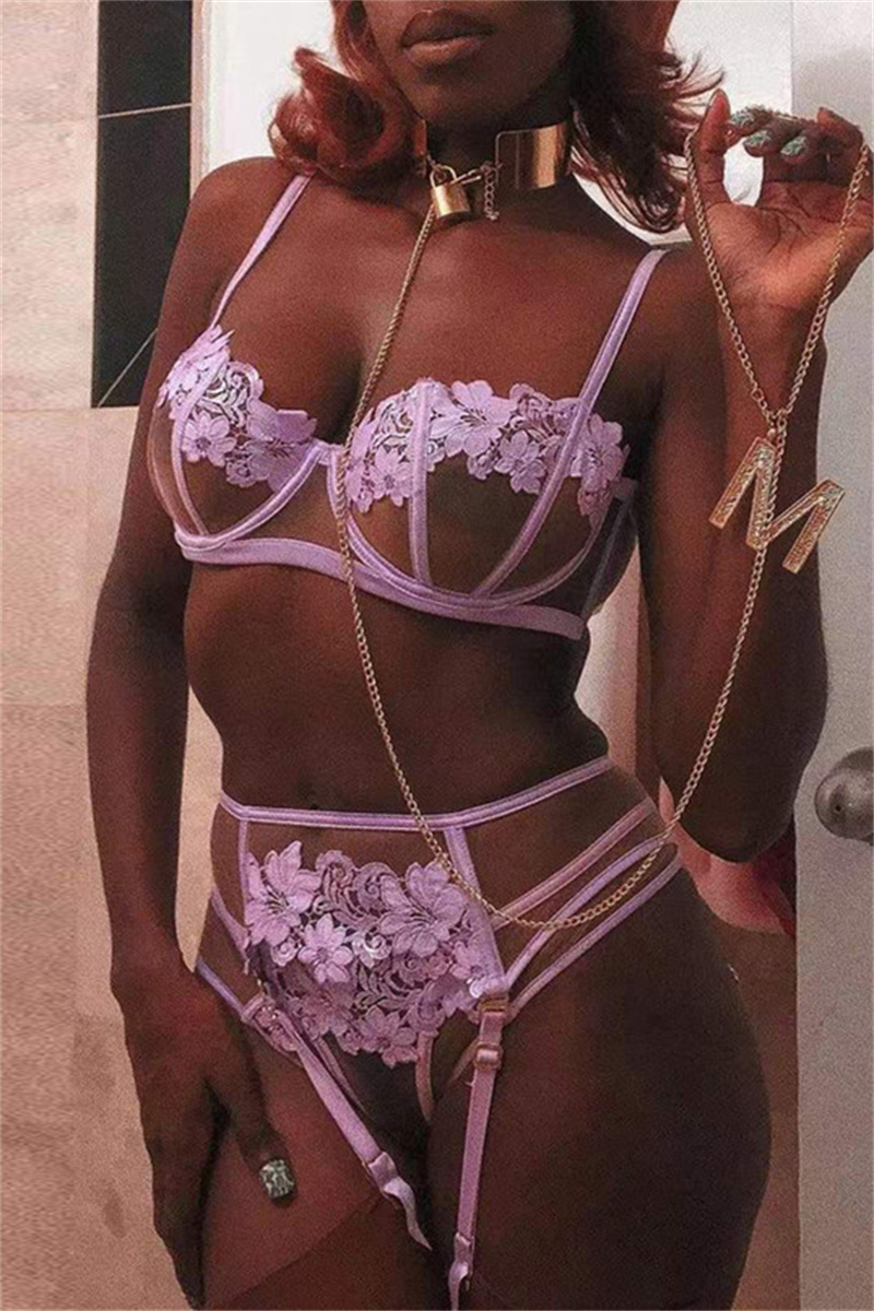 

Purple Fashion Sexy Embroidery Split Joint See-through Backless Lingerie