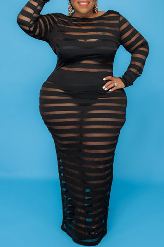 Black Fashion Sexy Striped See-through Backless O Neck Lantern Skirt Plus Size Dresses