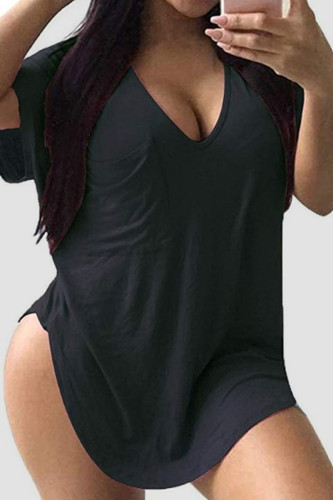 Black Casual Solid Patchwork Pocket V Neck T-Shirts