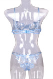 Lingerie azul bebê moda sexy com bordado transparente e sem costas