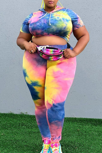 Colour Fashion Casual Print Tie-dye Hooded Collar Plus Size Two Pieces