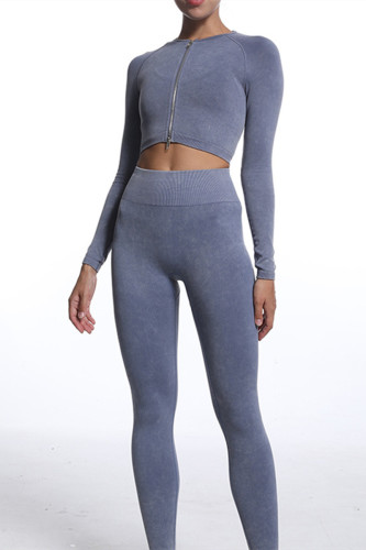 Bleu gris Casual Sportswear solide patchwork fermeture éclair à manches longues haut et pantalon deux pièces