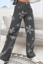 Dark Gray Casual Street Floral Print Patchwork High Waist Straight Wide Leg Denim Jeans