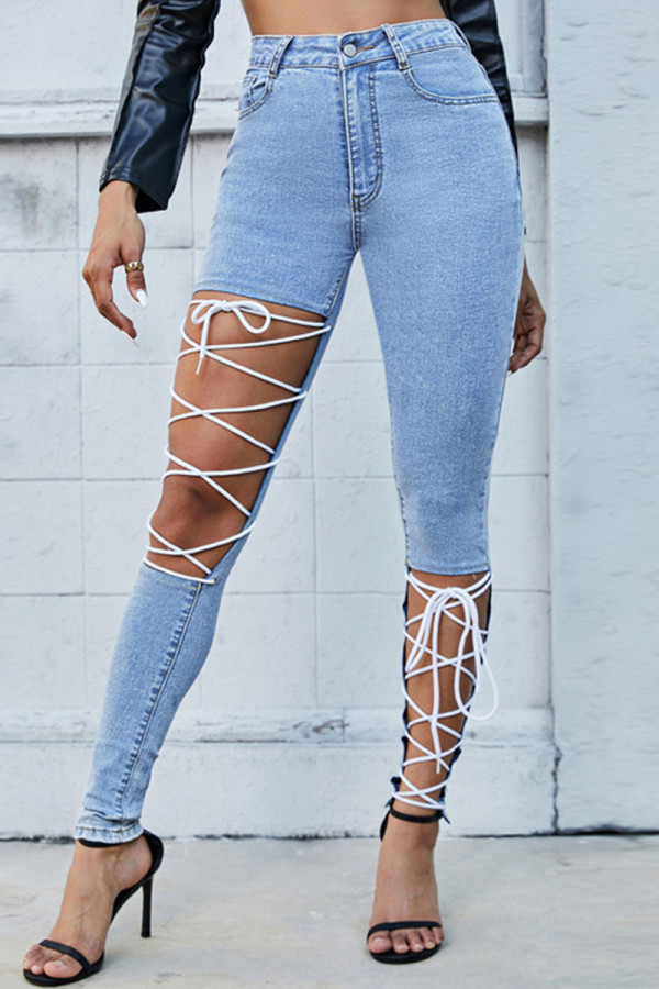 Babyblaue Sexy Street Solid Bandage ausgehöhlte Patchwork-Jeans mit hoher Taille und Röhrenjeans