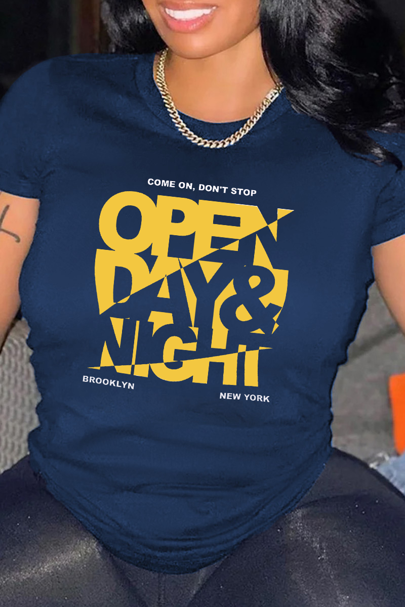 

Navy Blue Fashion Street Print Split Joint Letter O Neck T-Shirts