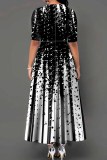 Paarse mode casual print basic O-hals lange jurk