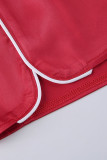 レッド カジュアル ソリッド 刺繍 パッチワーク ジッパー 襟 半袖 XNUMXピース