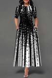 Zwarte mode casual print basic O-hals lange jurk
