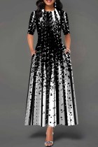 Черное модное повседневное базовое длинное платье с круглым вырезом и принтом