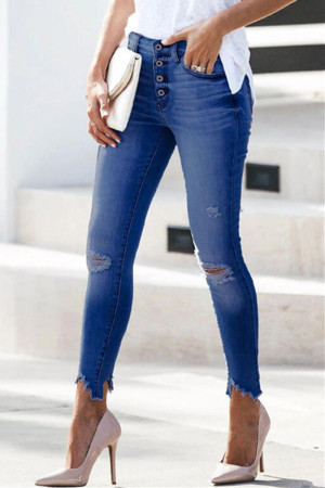 Dark Blue Fashion Casual Solid High Waist Skinny Ripped Denim Jeans