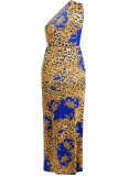 Blauwe sexy print uitgeholde patchwork schuine kraag rechte jurken