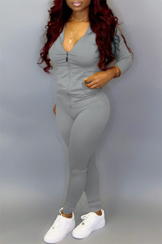 Grey Fashion Casual Solid Basic Hooded Collar Long Sleeve Two Pieces