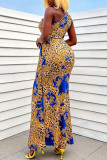 Blauwe sexy print uitgeholde patchwork schuine kraag rechte jurken