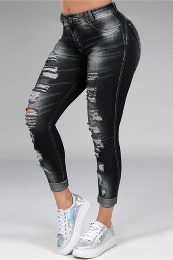 Calça jeans skinny preta fashion casual rasgada sólida cintura média