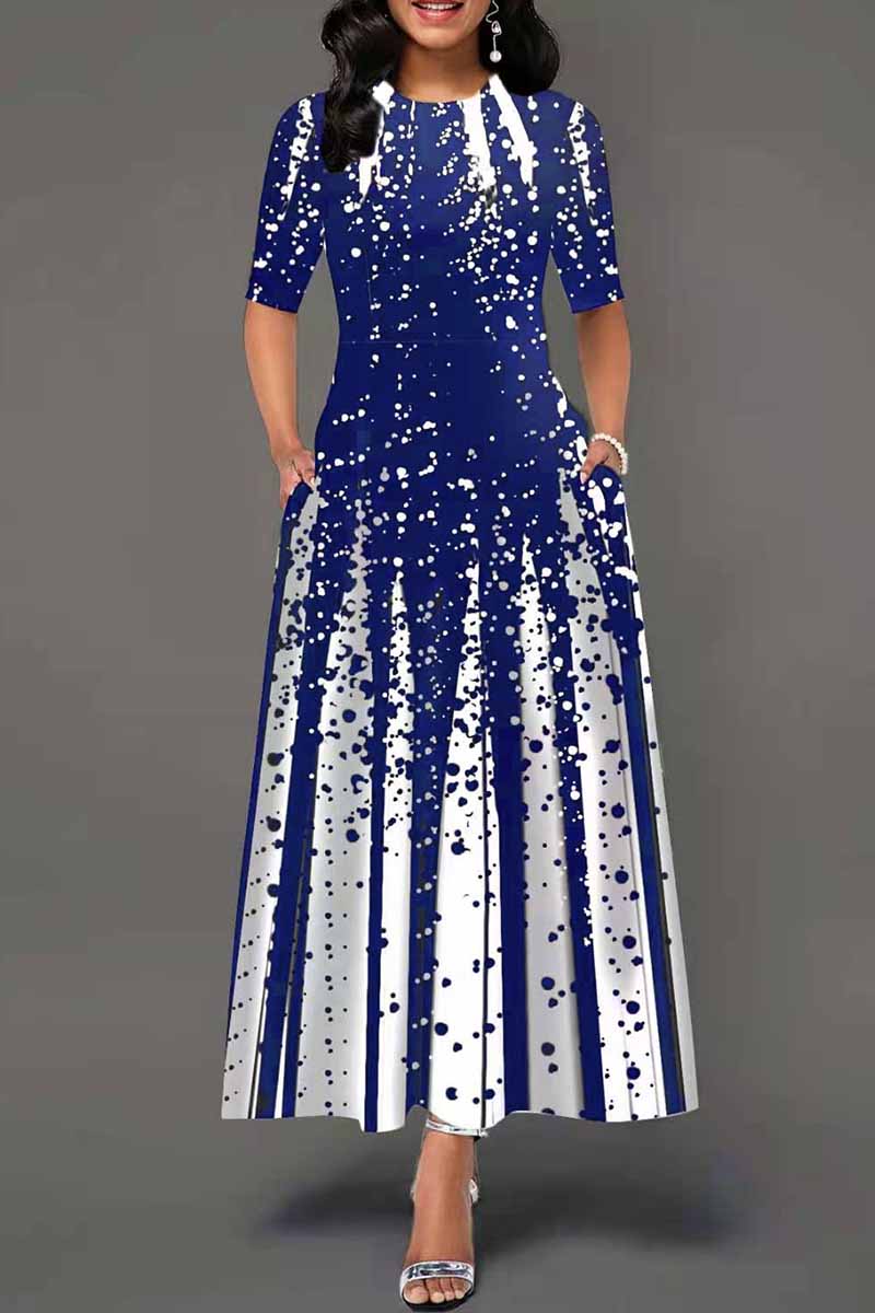 

Blue Fashion Casual Print Basic O Neck Long Dress