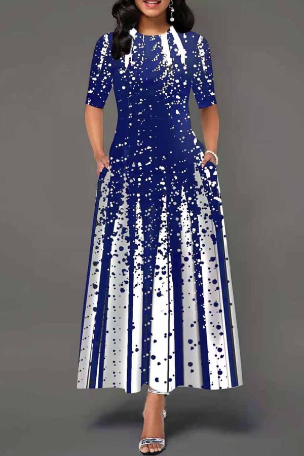 Синее модное повседневное базовое длинное платье с круглым вырезом и принтом