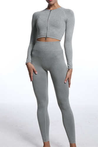 Set di due pezzi di top e pantaloni a maniche lunghe con cerniera patchwork tinta unita per abbigliamento sportivo casual grigio