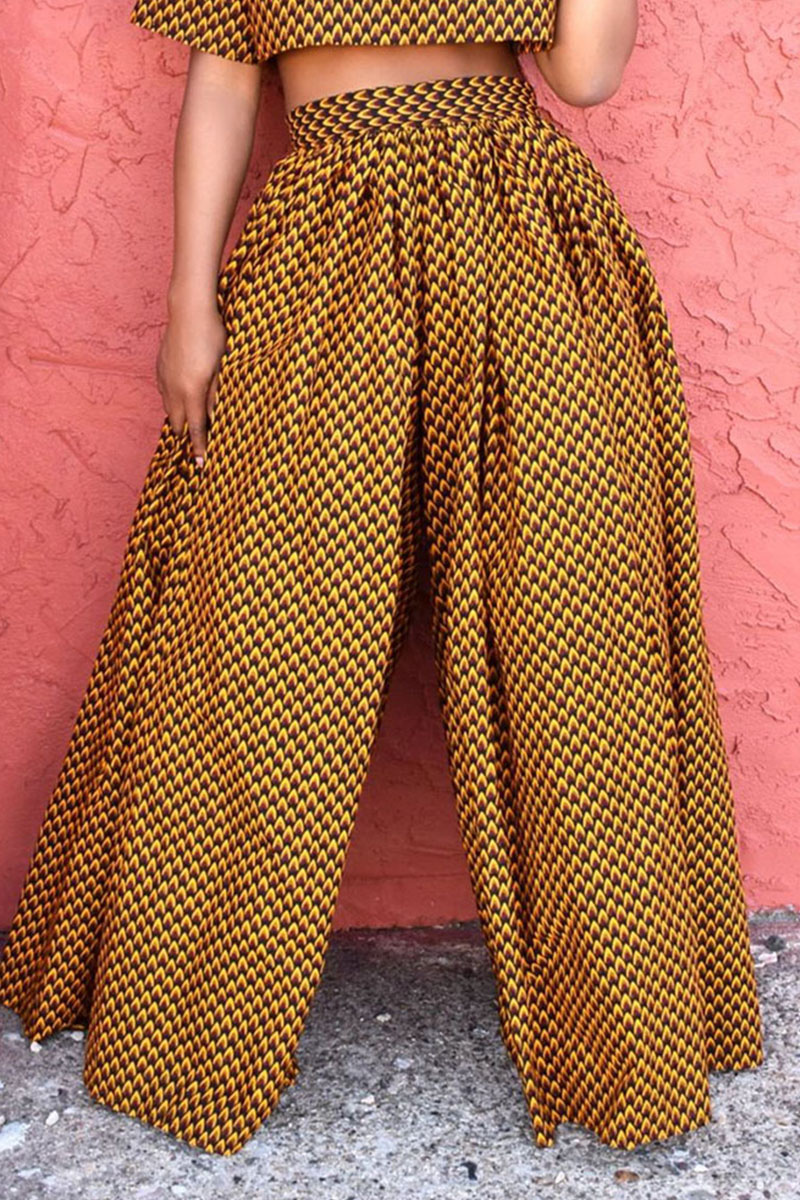 

Mustard Yellow Fashion Print Split Joint O Neck Half Sleeve Two Pieces