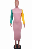 ピンク カジュアル ソリッド パッチワーク ハーフ タートルネック ワン ステップ スカート ドレス