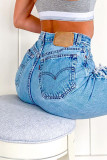 Ковбойские синие повседневные однотонные рваные прямые джинсовые джинсы с высокой талией в стиле пэчворк