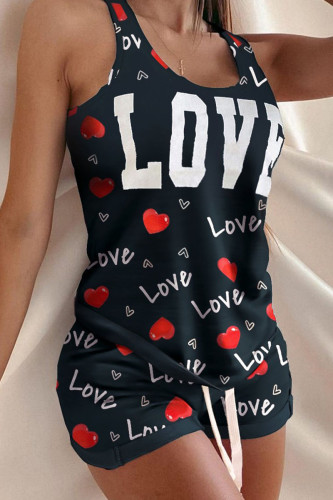 Black Casual Print Patchwork U Neck Sleeveless Two Pieces