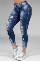 Dark Blue Fashion Casual Solid Mid Waist Skinny Ripped Denim Jeans