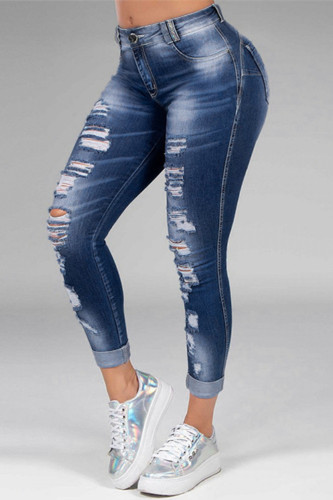 Jeans jeans skinny azul escuro fashion casual sólido rasgado cintura média