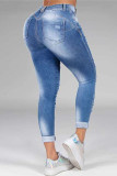 Baby Blue Fashion Casual Solid Ripped Skinny Denim Jeans mit mittlerer Taille