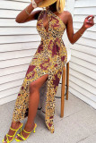 Burgundy Sexy Print Hollowed Out Patchwork Oblique Collar Straight Dresses
