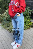 Babyblauwe mode casual gescheurde hoge taille regular denim jeans