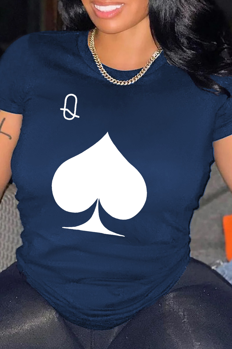 

Navy Blue Fashion Casual Print Split Joint O Neck T-Shirts