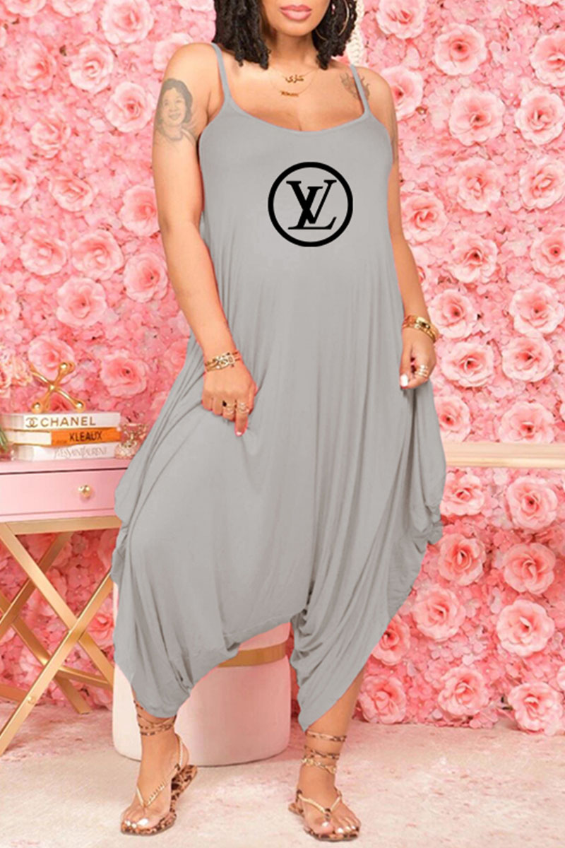 

Grey Fashion Casual Print Letter Spaghetti Strap Jumpsuits