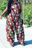 Red Green Vacation Print Patchwork O Neck Straight Jumpsuits