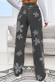 Dark Gray Casual Street Floral Print Patchwork High Waist Straight Wide Leg Denim Jeans