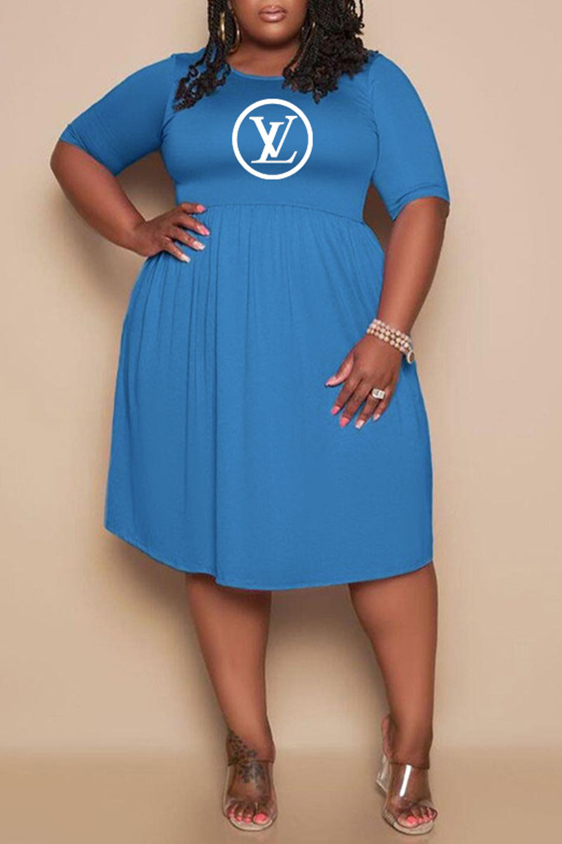 

Blue Fashion Casual Print Letter O Neck A Line Plus Size Dresses