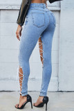 Babyblauwe sexy straat effen bandage uitgeholde skinny denim jeans met hoge taille en patchwork