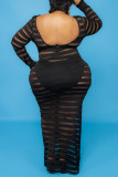Black Fashion Sexy Striped See-through Backless O Neck Lantern Skirt Plus Size Dresses
