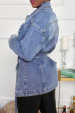 Chaqueta de mezclilla regular de manga larga con cuello vuelto de patchwork sólido casual de moda azul