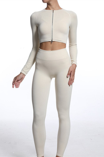 Abbigliamento sportivo casual latteo Top a maniche lunghe e pantaloni con cerniera patchwork solido Set da due pezzi