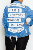 Veste en jean décontractée à la mode décontractée en patchwork de lettres col rabattu manches longues bleu