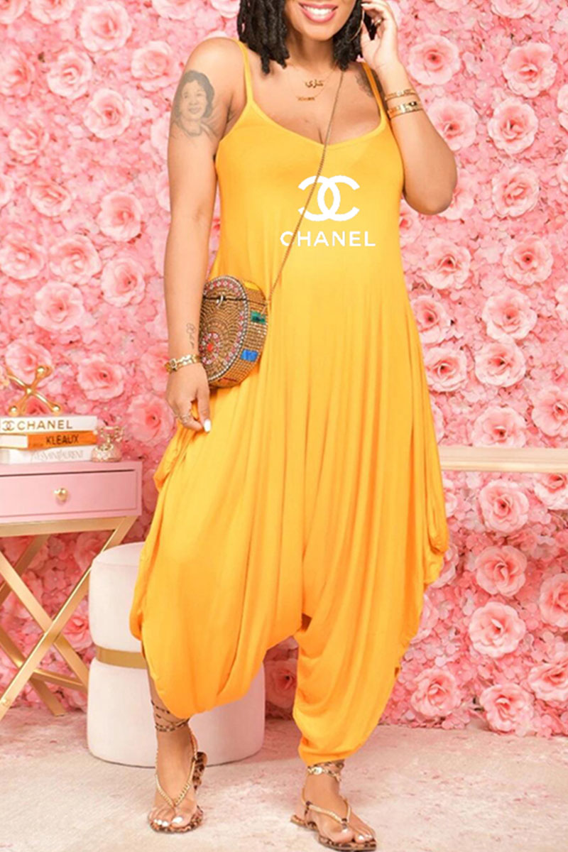 

Yellow Fashion Casual Print Letter Spaghetti Strap Jumpsuits