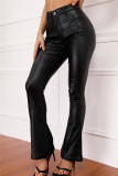 Pantalones moda casual sólido básico altavoz de cintura alta sólido negro