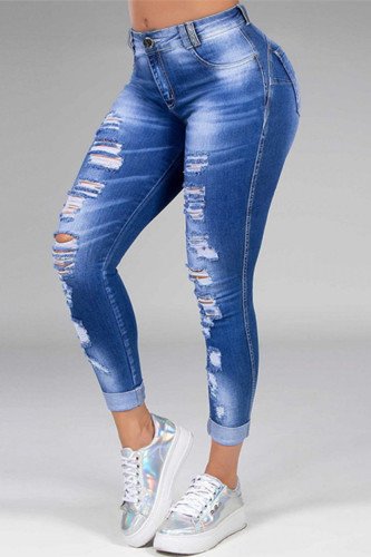 Jeans de mezclilla ajustados de cintura media rasgados sólidos casuales de moda azul