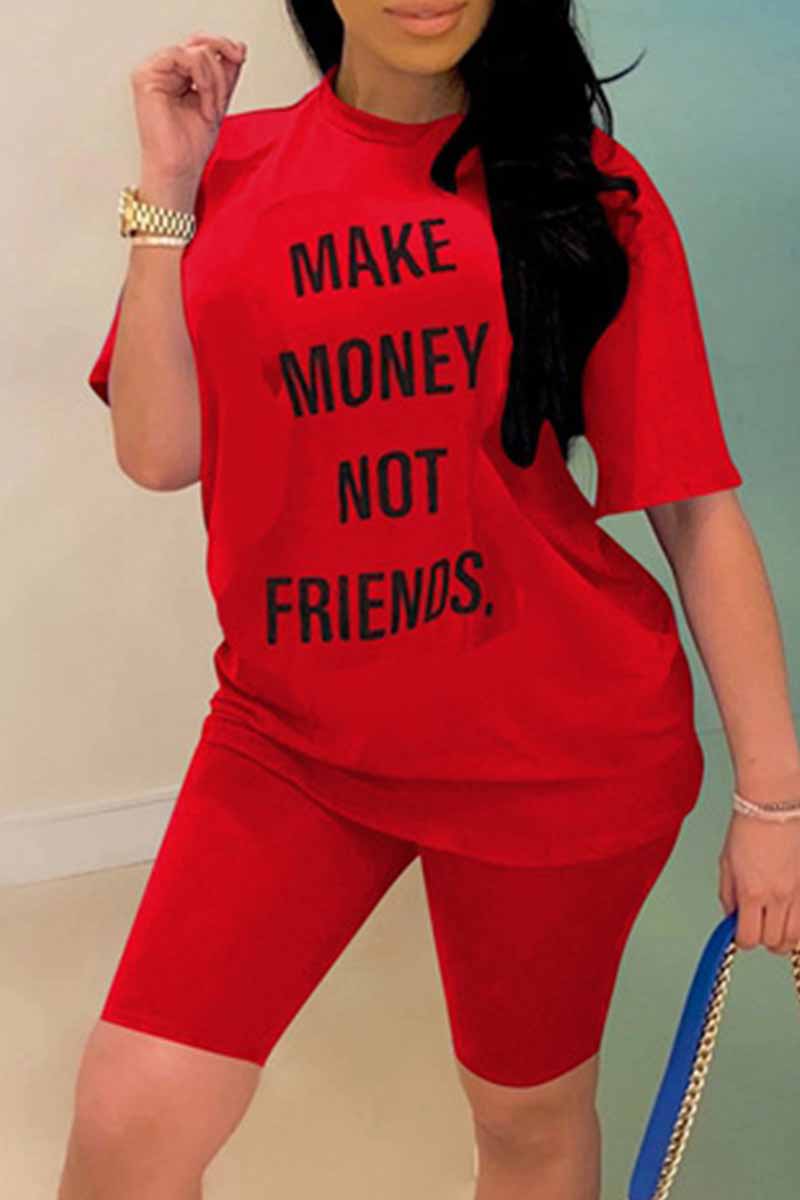 

Red Fashion Casual Letter Print Basic O Neck Short Sleeve Two Pieces